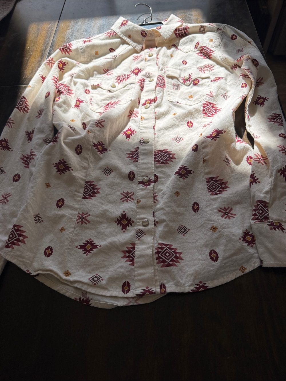 Wrangler Cream Button-Down Shirt with Maroon & Mustard Geometric Print